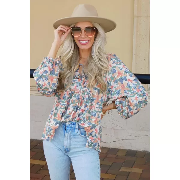 imagePRETTYGARDEN Womens Floral Ruffled Tunic Blouse Tie V Neck Casual Long Sleeve Babydoll Peplum TopsGreen