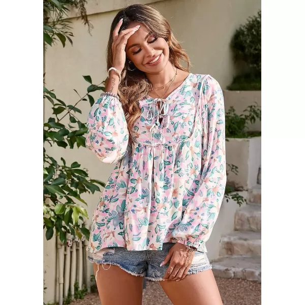 imagePRETTYGARDEN Womens Floral Ruffled Tunic Blouse Tie V Neck Casual Long Sleeve Babydoll Peplum TopsPink