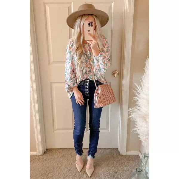 imagePRETTYGARDEN Womens Floral Ruffled Tunic Blouse Tie V Neck Casual Long Sleeve Babydoll Peplum TopsPink