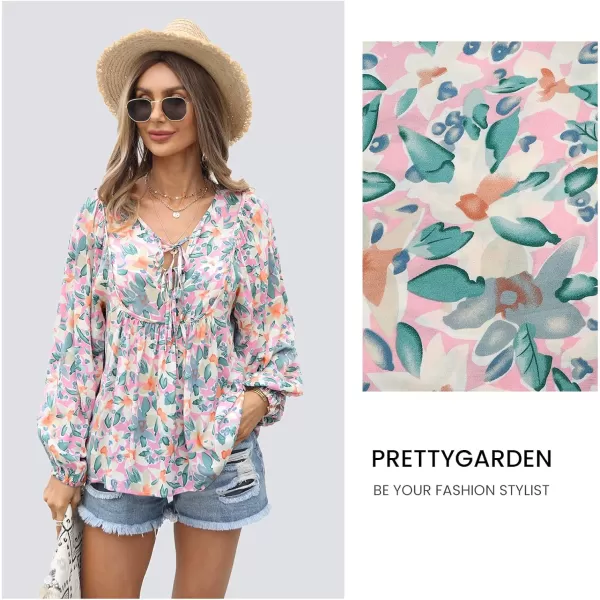 imagePRETTYGARDEN Womens Floral Ruffled Tunic Blouse Tie V Neck Casual Long Sleeve Babydoll Peplum TopsPink