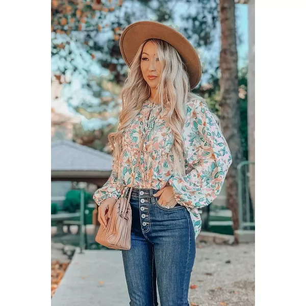 imagePRETTYGARDEN Womens Floral Ruffled Tunic Blouse Tie V Neck Casual Long Sleeve Babydoll Peplum TopsPink
