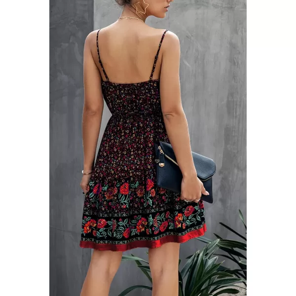 imagePRETTYGARDEN Womens Floral V Neck Spaghetti Strap Button Down Sundress Swing Ruffle Summer Mini Short DressBlack