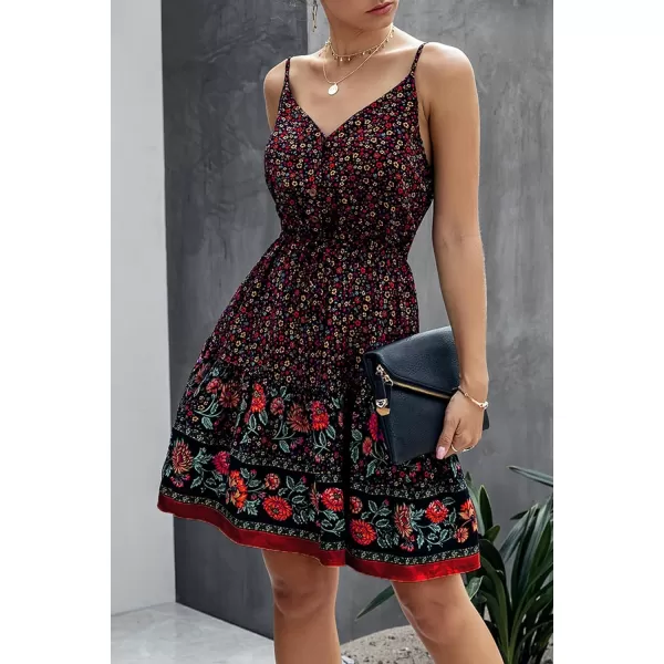 imagePRETTYGARDEN Womens Floral V Neck Spaghetti Strap Button Down Sundress Swing Ruffle Summer Mini Short DressBlack