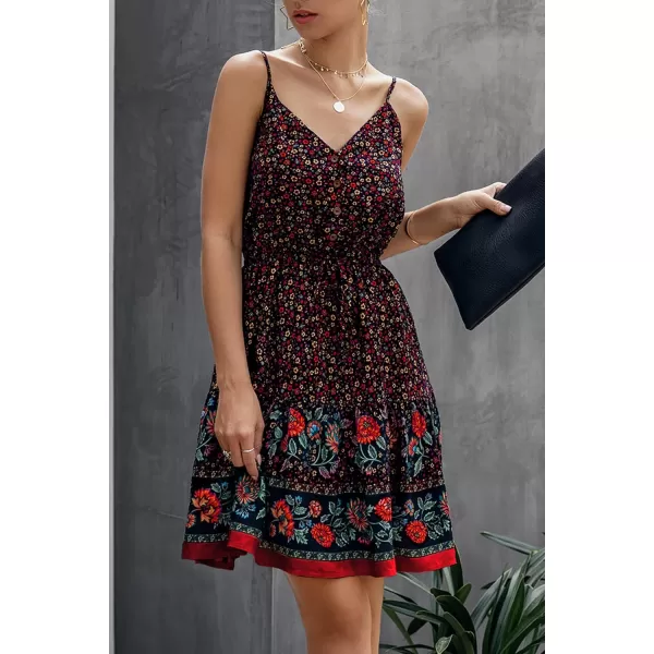 imagePRETTYGARDEN Womens Floral V Neck Spaghetti Strap Button Down Sundress Swing Ruffle Summer Mini Short DressBlack