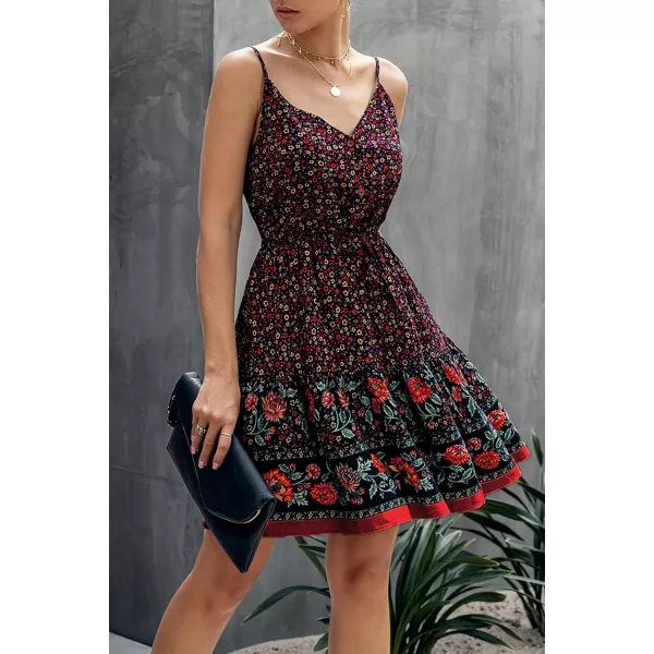 imagePRETTYGARDEN Womens Floral V Neck Spaghetti Strap Button Down Sundress Swing Ruffle Summer Mini Short DressBlack