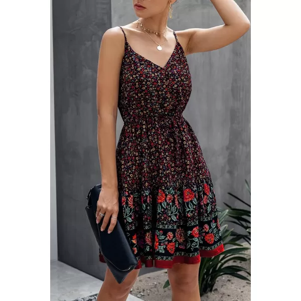 imagePRETTYGARDEN Womens Floral V Neck Spaghetti Strap Button Down Sundress Swing Ruffle Summer Mini Short DressBlack
