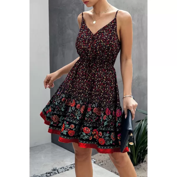 imagePRETTYGARDEN Womens Floral V Neck Spaghetti Strap Button Down Sundress Swing Ruffle Summer Mini Short DressBlack