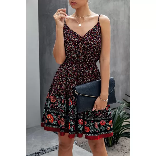 imagePRETTYGARDEN Womens Floral V Neck Spaghetti Strap Button Down Sundress Swing Ruffle Summer Mini Short DressBlack
