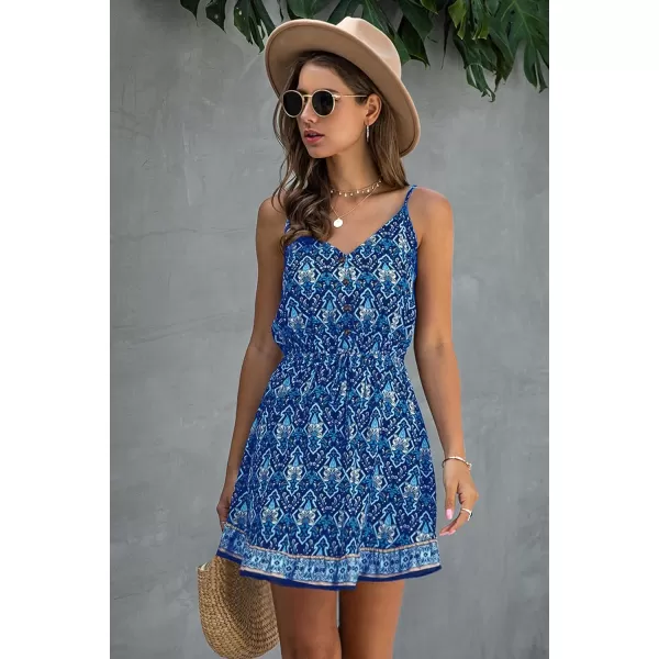 imagePRETTYGARDEN Womens Floral V Neck Spaghetti Strap Button Down Sundress Swing Ruffle Summer Mini Short DressBlue