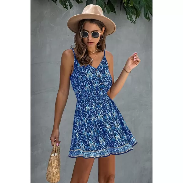 imagePRETTYGARDEN Womens Floral V Neck Spaghetti Strap Button Down Sundress Swing Ruffle Summer Mini Short DressBlue