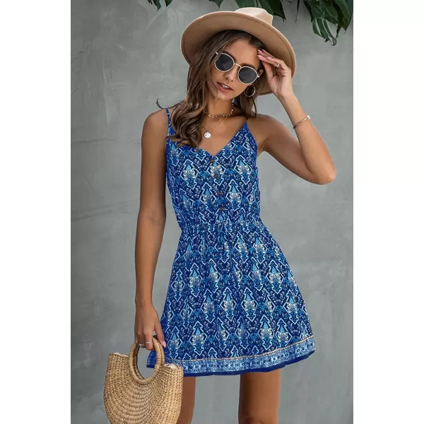 imagePRETTYGARDEN Womens Floral V Neck Spaghetti Strap Button Down Sundress Swing Ruffle Summer Mini Short DressBlue