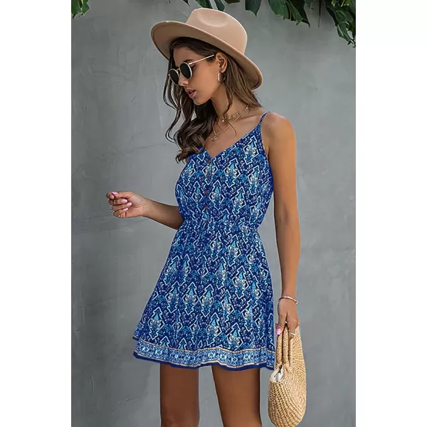 imagePRETTYGARDEN Womens Floral V Neck Spaghetti Strap Button Down Sundress Swing Ruffle Summer Mini Short DressBlue