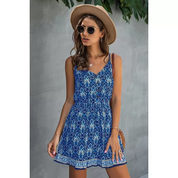 imagePRETTYGARDEN Womens Floral V Neck Spaghetti Strap Button Down Sundress Swing Ruffle Summer Mini Short DressBlue
