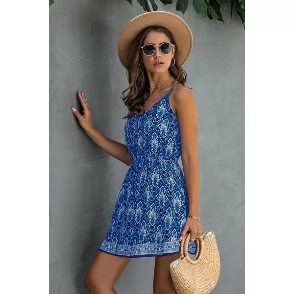 imagePRETTYGARDEN Womens Floral V Neck Spaghetti Strap Button Down Sundress Swing Ruffle Summer Mini Short DressBlue