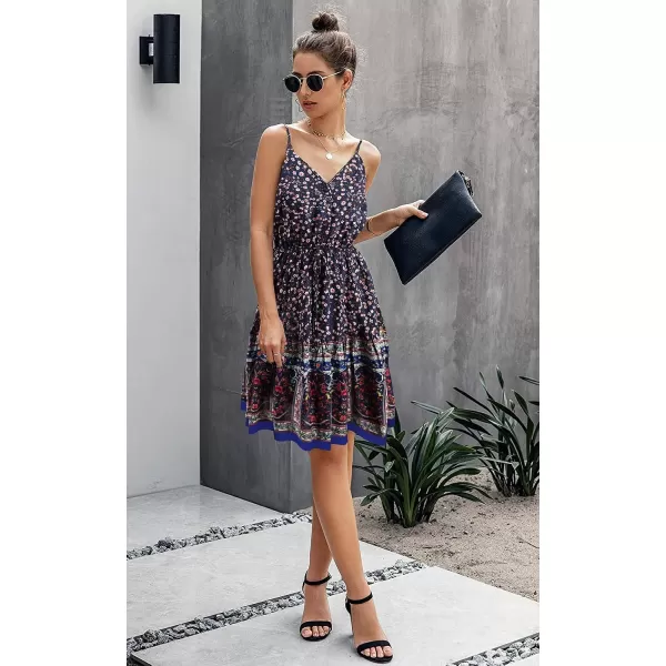 imagePRETTYGARDEN Womens Floral V Neck Spaghetti Strap Button Down Sundress Swing Ruffle Summer Mini Short DressDark Blue