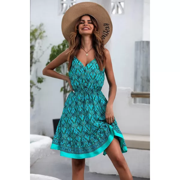 imagePRETTYGARDEN Womens Floral V Neck Spaghetti Strap Button Down Sundress Swing Ruffle Summer Mini Short DressGreen