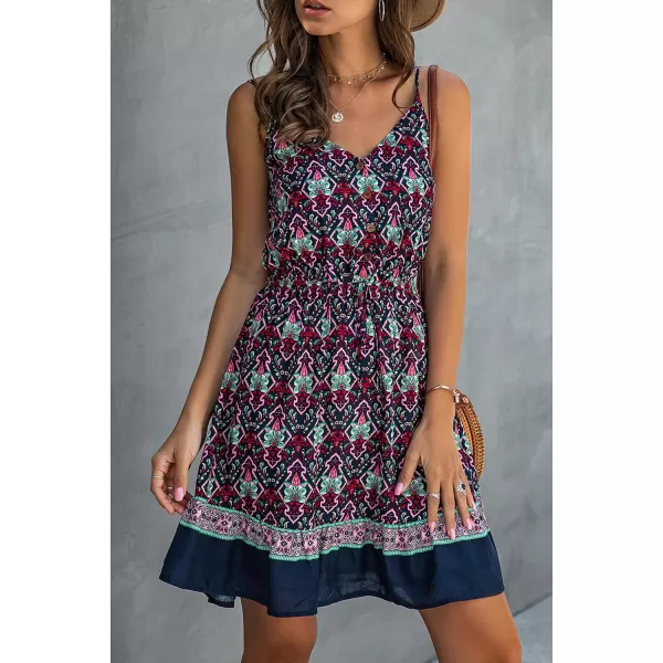 imagePRETTYGARDEN Womens Floral V Neck Spaghetti Strap Button Down Sundress Swing Ruffle Summer Mini Short DressNavy