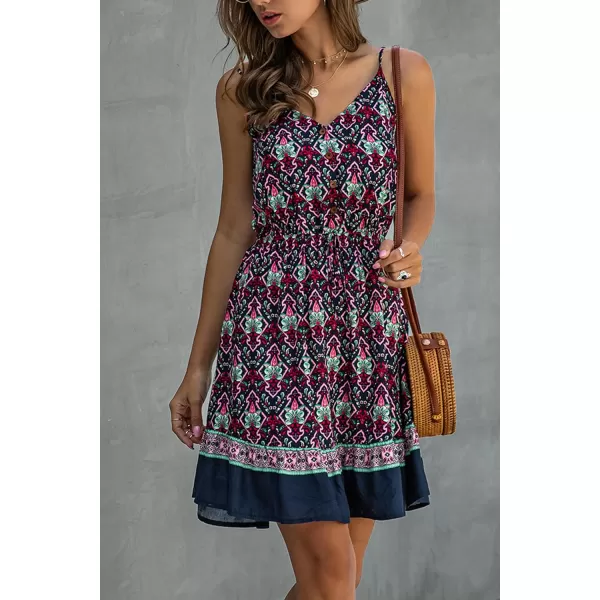 imagePRETTYGARDEN Womens Floral V Neck Spaghetti Strap Button Down Sundress Swing Ruffle Summer Mini Short DressNavy