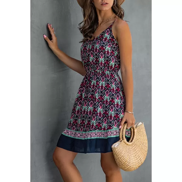 imagePRETTYGARDEN Womens Floral V Neck Spaghetti Strap Button Down Sundress Swing Ruffle Summer Mini Short DressNavy