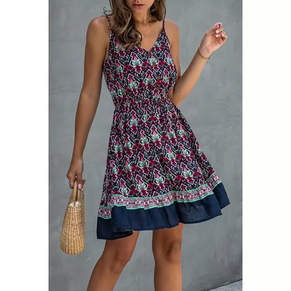 imagePRETTYGARDEN Womens Floral V Neck Spaghetti Strap Button Down Sundress Swing Ruffle Summer Mini Short DressNavy