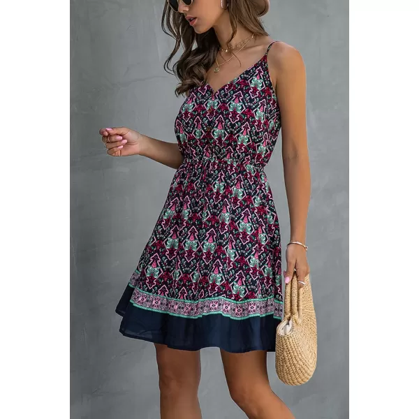 imagePRETTYGARDEN Womens Floral V Neck Spaghetti Strap Button Down Sundress Swing Ruffle Summer Mini Short DressNavy