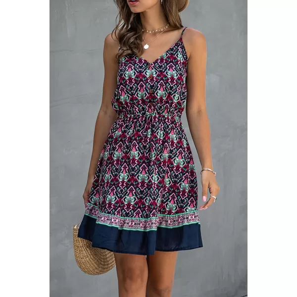 imagePRETTYGARDEN Womens Floral V Neck Spaghetti Strap Button Down Sundress Swing Ruffle Summer Mini Short DressNavy