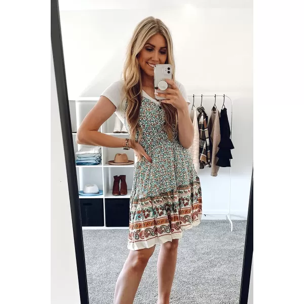 imagePRETTYGARDEN Womens Floral V Neck Spaghetti Strap Button Down Sundress Swing Ruffle Summer Mini Short DressOffwhite