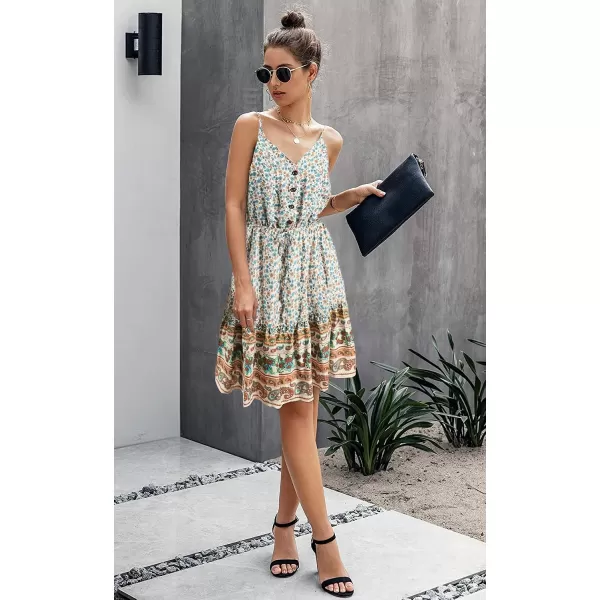imagePRETTYGARDEN Womens Floral V Neck Spaghetti Strap Button Down Sundress Swing Ruffle Summer Mini Short DressOffwhite