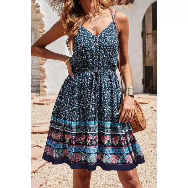 imagePRETTYGARDEN Womens Floral V Neck Spaghetti Strap Button Down Sundress Swing Ruffle Summer Mini Short DressPblue
