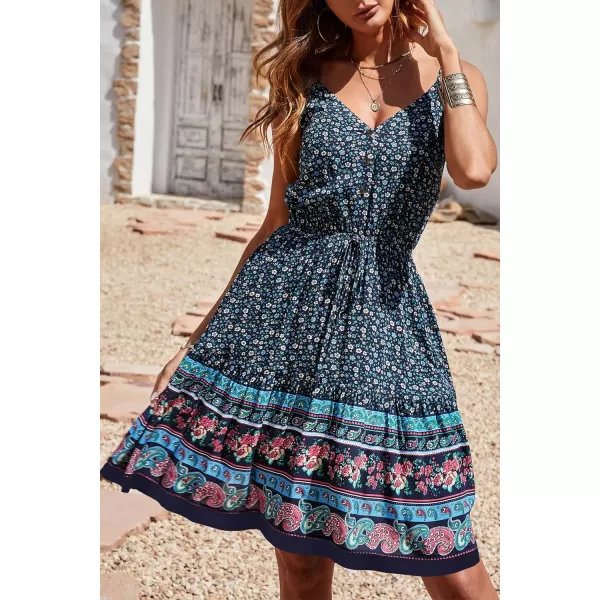 imagePRETTYGARDEN Womens Floral V Neck Spaghetti Strap Button Down Sundress Swing Ruffle Summer Mini Short DressPblue