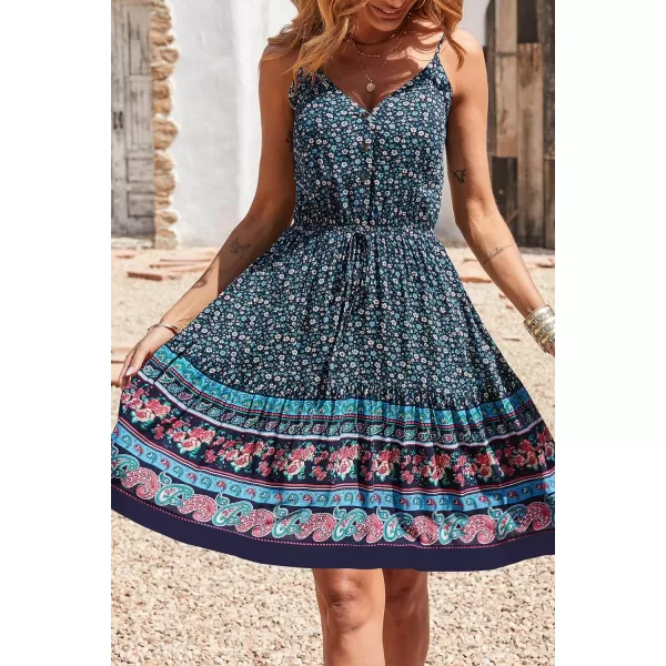 imagePRETTYGARDEN Womens Floral V Neck Spaghetti Strap Button Down Sundress Swing Ruffle Summer Mini Short DressPblue