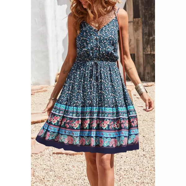 imagePRETTYGARDEN Womens Floral V Neck Spaghetti Strap Button Down Sundress Swing Ruffle Summer Mini Short DressPblue