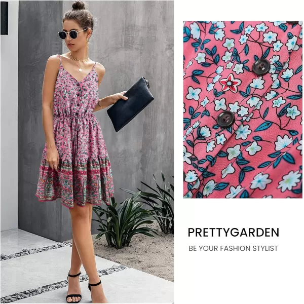 imagePRETTYGARDEN Womens Floral V Neck Spaghetti Strap Button Down Sundress Swing Ruffle Summer Mini Short DressPink