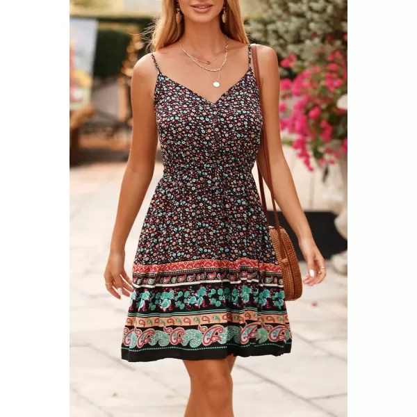 imagePRETTYGARDEN Womens Floral V Neck Spaghetti Strap Button Down Sundress Swing Ruffle Summer Mini Short DressRblack