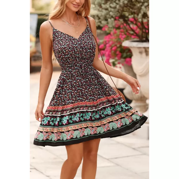imagePRETTYGARDEN Womens Floral V Neck Spaghetti Strap Button Down Sundress Swing Ruffle Summer Mini Short DressRblack