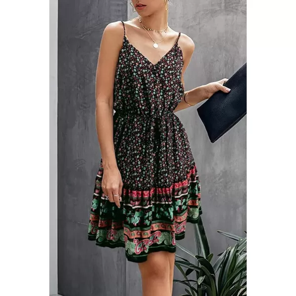 imagePRETTYGARDEN Womens Floral V Neck Spaghetti Strap Button Down Sundress Swing Ruffle Summer Mini Short DressRblack