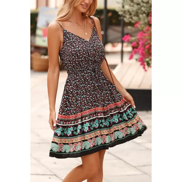 imagePRETTYGARDEN Womens Floral V Neck Spaghetti Strap Button Down Sundress Swing Ruffle Summer Mini Short DressRblack