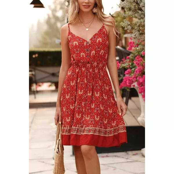 imagePRETTYGARDEN Womens Floral V Neck Spaghetti Strap Button Down Sundress Swing Ruffle Summer Mini Short DressRed