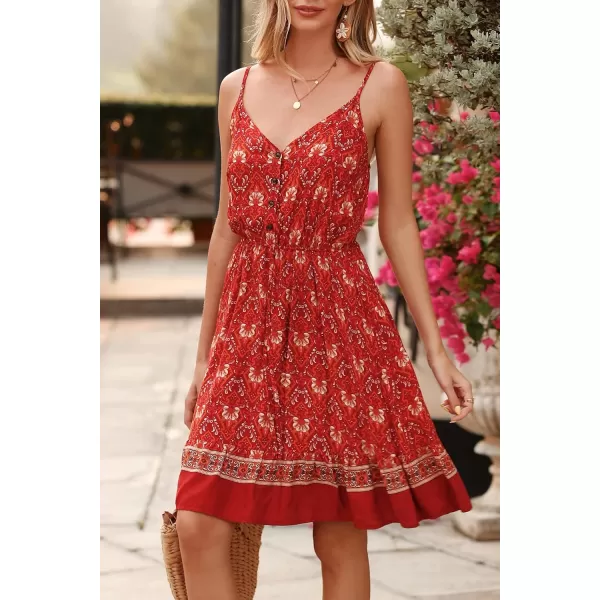 imagePRETTYGARDEN Womens Floral V Neck Spaghetti Strap Button Down Sundress Swing Ruffle Summer Mini Short DressRed