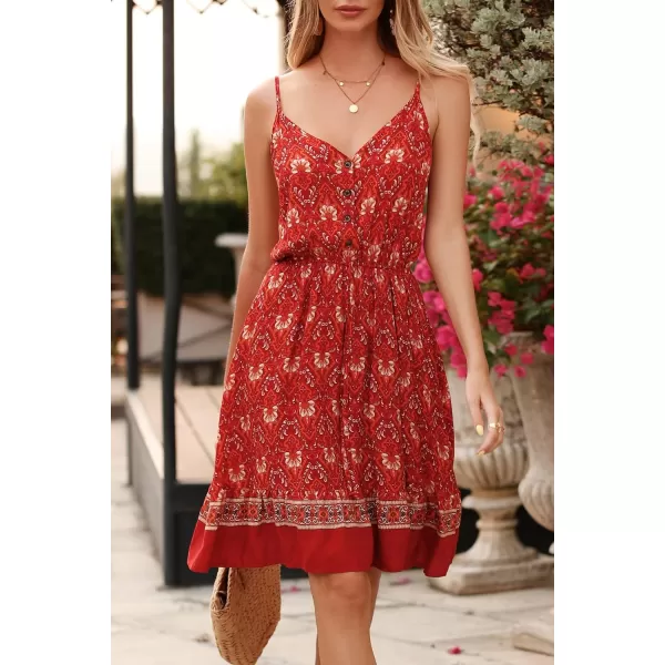 imagePRETTYGARDEN Womens Floral V Neck Spaghetti Strap Button Down Sundress Swing Ruffle Summer Mini Short DressRed