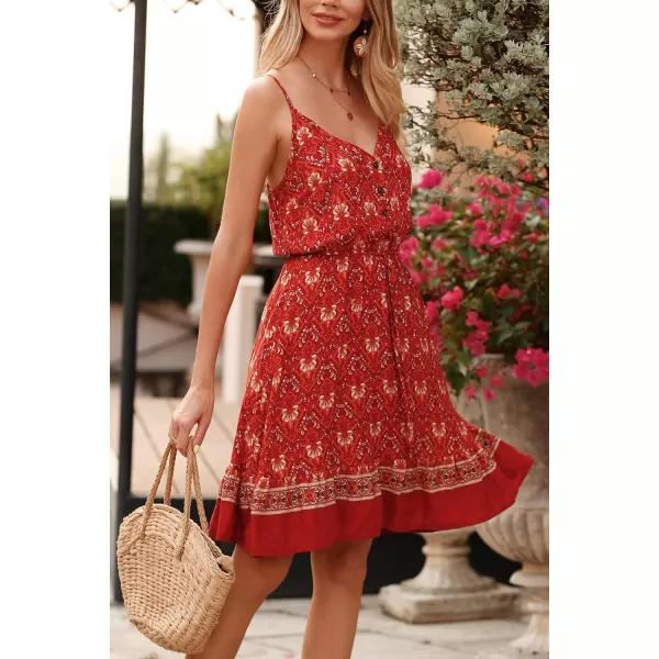 imagePRETTYGARDEN Womens Floral V Neck Spaghetti Strap Button Down Sundress Swing Ruffle Summer Mini Short DressRed