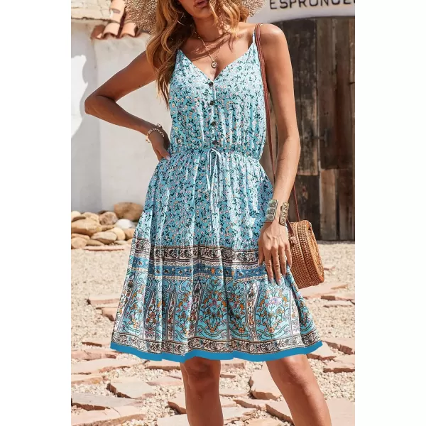 imagePRETTYGARDEN Womens Floral V Neck Spaghetti Strap Button Down Sundress Swing Ruffle Summer Mini Short DressSky Blue