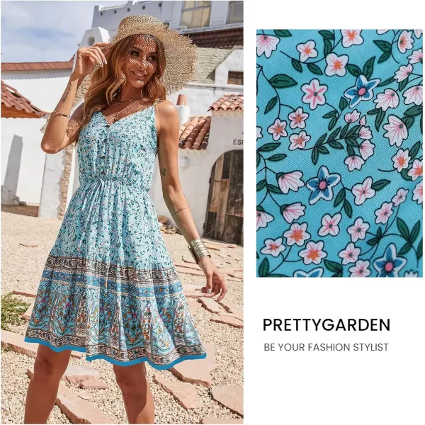imagePRETTYGARDEN Womens Floral V Neck Spaghetti Strap Button Down Sundress Swing Ruffle Summer Mini Short DressSky Blue