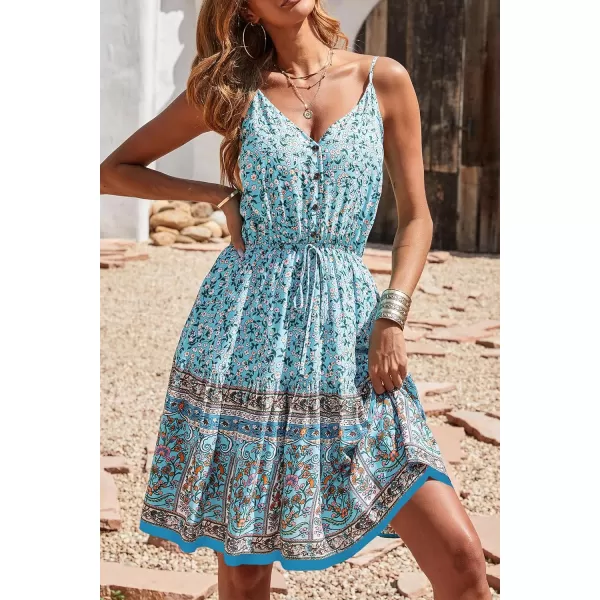 imagePRETTYGARDEN Womens Floral V Neck Spaghetti Strap Button Down Sundress Swing Ruffle Summer Mini Short DressSky Blue