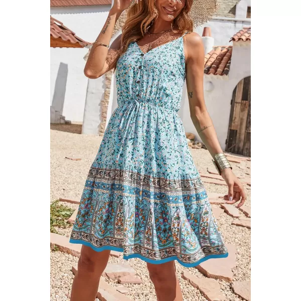 imagePRETTYGARDEN Womens Floral V Neck Spaghetti Strap Button Down Sundress Swing Ruffle Summer Mini Short DressSky Blue
