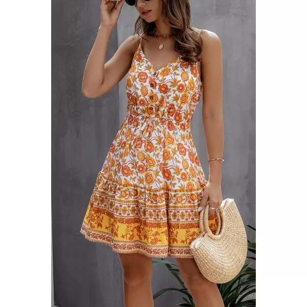 imagePRETTYGARDEN Womens Floral V Neck Spaghetti Strap Button Down Sundress Swing Ruffle Summer Mini Short DressYyellow