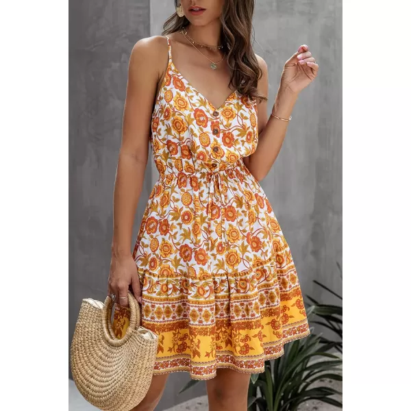 imagePRETTYGARDEN Womens Floral V Neck Spaghetti Strap Button Down Sundress Swing Ruffle Summer Mini Short DressYyellow