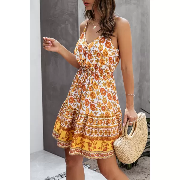 imagePRETTYGARDEN Womens Floral V Neck Spaghetti Strap Button Down Sundress Swing Ruffle Summer Mini Short DressYyellow