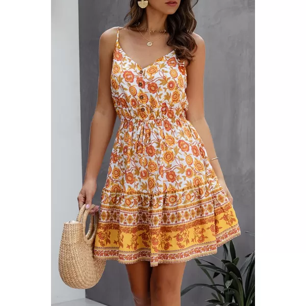 imagePRETTYGARDEN Womens Floral V Neck Spaghetti Strap Button Down Sundress Swing Ruffle Summer Mini Short DressYyellow