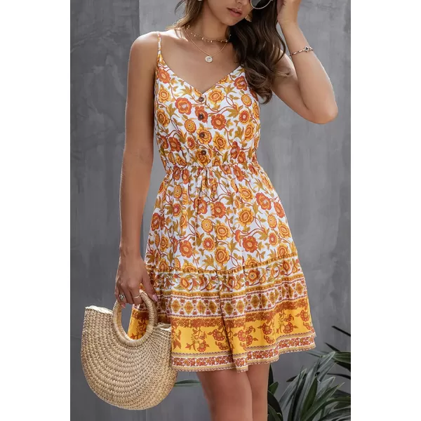 imagePRETTYGARDEN Womens Floral V Neck Spaghetti Strap Button Down Sundress Swing Ruffle Summer Mini Short DressYyellow